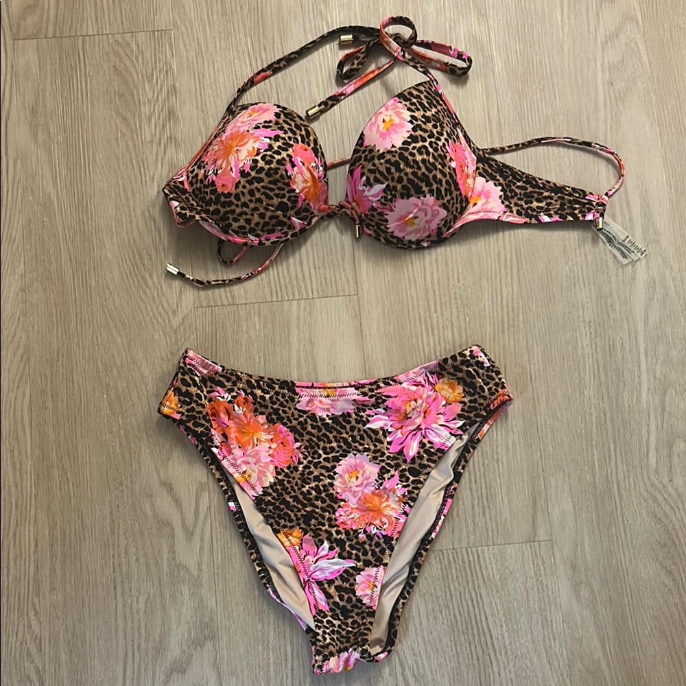 Victoria’s Secret Leopard Print Bikini with Pink Floral Accents